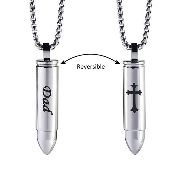 Dad Cross Cremation Urn Memorial Silver Bullet Stainless Steel Pendant Necklace - Matties Modern Jewelry