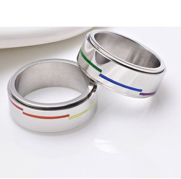 Gay Lesbian Rainbow Striped Spinner Silver Stainless Steel Ring Size 6-10 - Matties Modern Jewelry