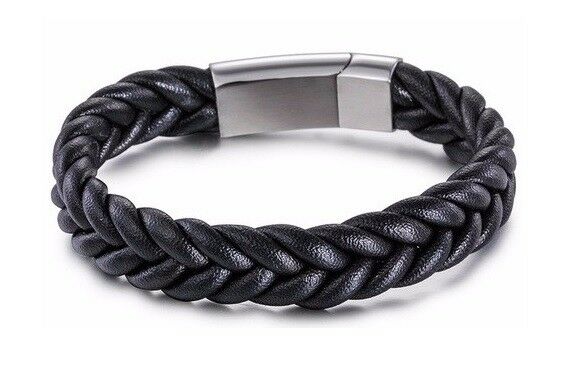 Unisex Black or Brown Stainless Steel and Woven Leather Cuff Bracelet Wristband - Matties Modern Jewelry