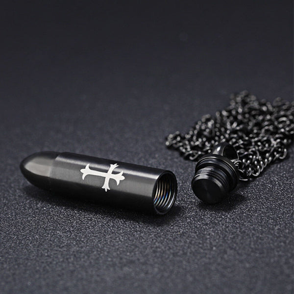 Cross Crucifix Bullet Cremation Ash Urn Black Stainless Steel Pendant Necklace - Matties Modern Jewelry