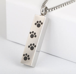 Black Paw Print Rectangle Silver Stainless Steel Cremation Urn Pendant Necklace - Matties Modern Jewelry