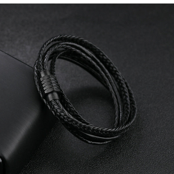 Men's Designer Style Black Leather Wrap Bracelet with Barrel Clasp - Matties Modern Jewelry