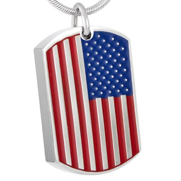 USA Flag Cremation Urn Silver Rectangle Stainless Steel Pendant Necklace - Matties Modern Jewelry
