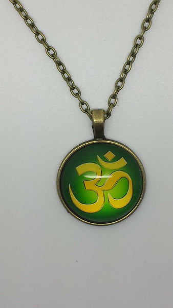Om Ohm Yoga Hindu Round Cabochon Glass Bronze Green Yellow Pendant Necklace - Matties Modern Jewelry