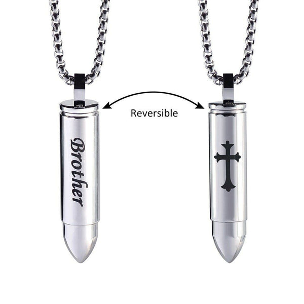 Brother Cross Cremation Urn Silver Bullet Stainless Steel Pendant Necklace - Matties Modern Jewelry