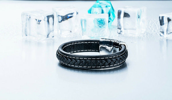 Unisex Trendy Biker Gothic Stainless Steel Double Skull Black Leather Bracelet - Matties Modern Jewelry