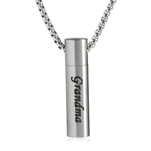 Grandma Cylinder Cremation Urn Memorial Silver Stainless Steel Pendant Necklace - Matties Modern Jewelry