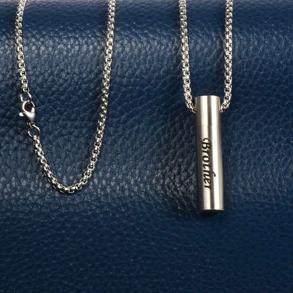 Brother Cylinder Cremation Urn Memorial Silver Stainless Steel Pendant Necklace - Matties Modern Jewelry