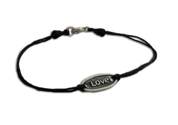 Oval Love Peace Sterling Silver Charm Clasp Black Bracelet Wristband - Matties Modern Jewelry