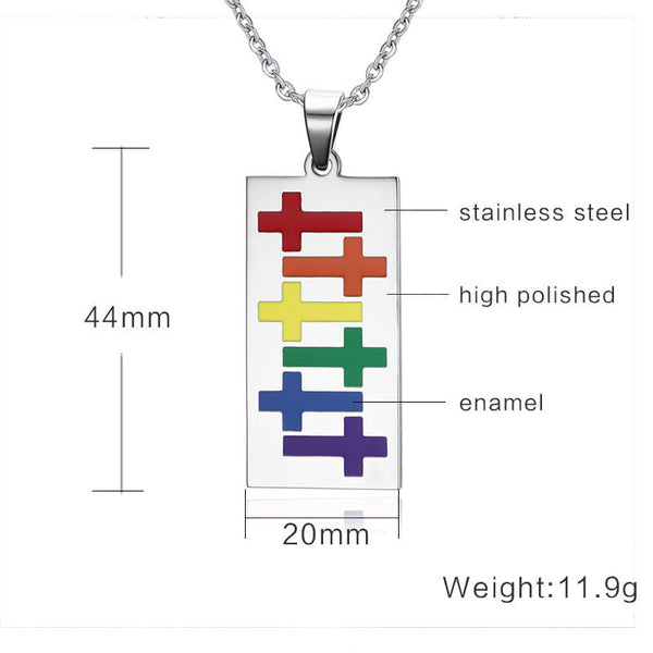 Gay Lesbian Rainbow Cross Religious Rectangle Stainless Steel Pendant Necklace - Matties Modern Jewelry