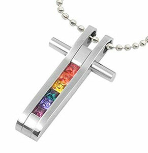 Gay Lesbian Rainbow Pride Cross Crucifix Flat Stainless Steel Pendant Necklace - Matties Modern Jewelry
