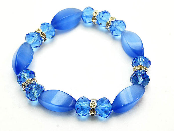 Blue Cat's Eye Glass Beaded Rondelle CZ Stretch Fashion Bracelet - Matties Modern Jewelry