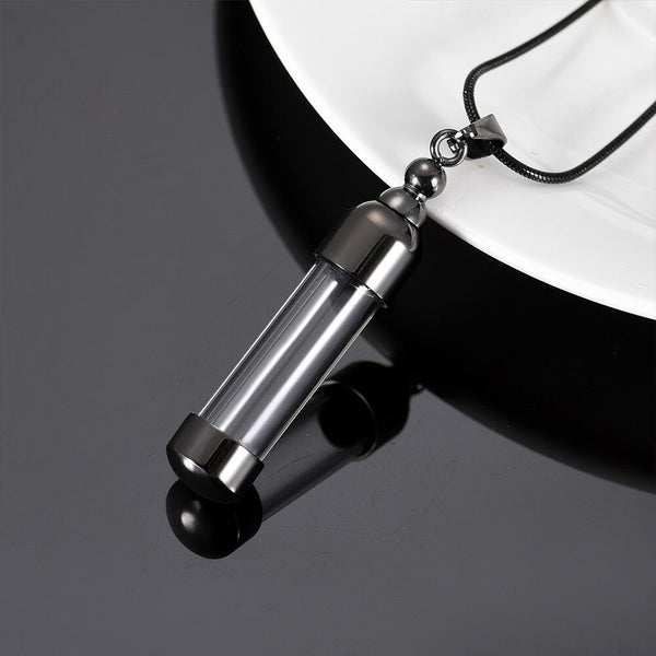 Black Cylinder Keepsake Cremation Ash Urn Glass Stainless Steel Pendant Necklace - Matties Modern Jewelry