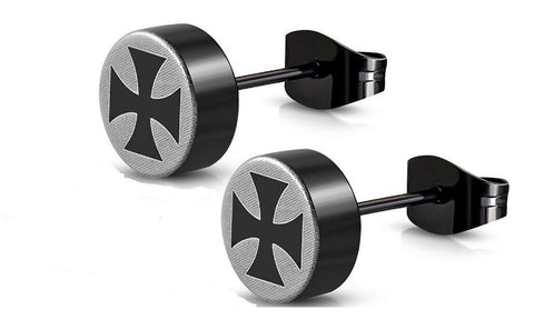 Maltese Iron Cross Black and White Stainless Steel Fashion 6MM Stud Earrings - Matties Modern Jewelry