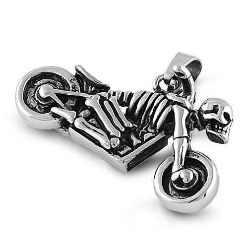 Skull Skeleton Biker Motorcycle 3D Silver Black Stainless Steel Pendant Necklace - Matties Modern Jewelry
