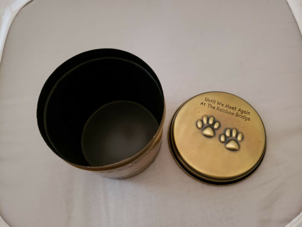 Brass Round Pet Dog Cremation Urn "Until We Meet Again at the Rainbow Bridge - Matties Modern Jewelry