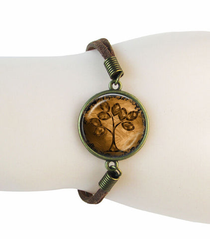 Brown Tan Tree of Life Cabochon Charm Suede Lobster Clasp Fashion Bracelet - Matties Modern Jewelry
