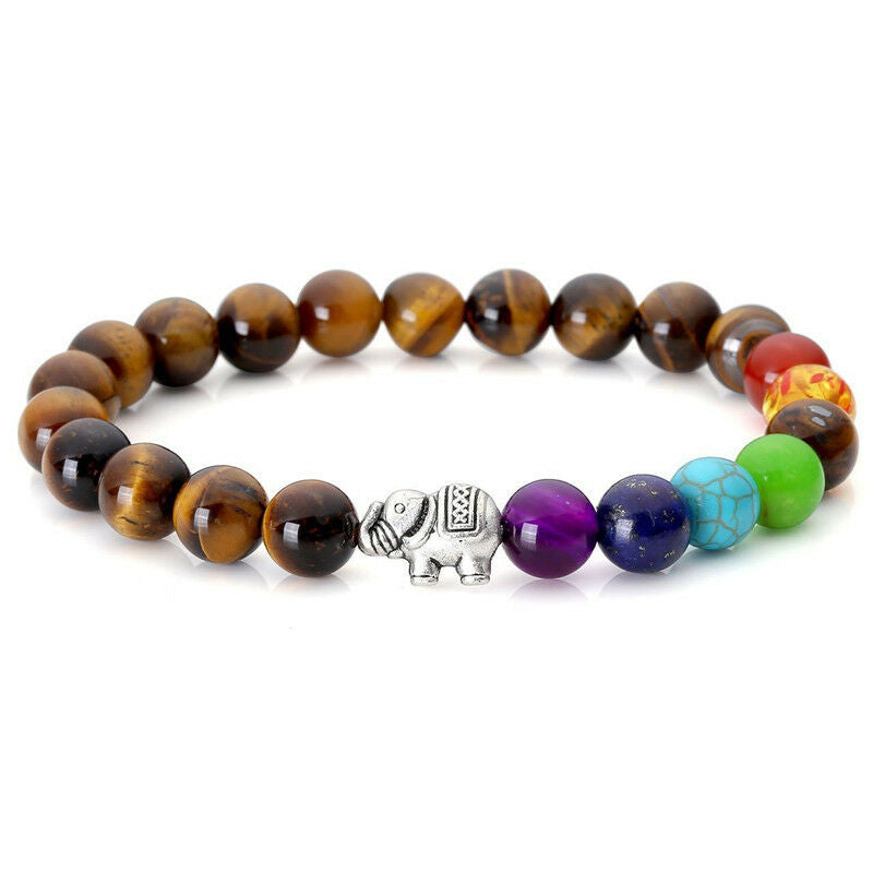 Elephant Charm Rainbow Chakra Healing Yoga 6MM Bead Stretch Bracelet Keepsake - Matties Modern Jewelry