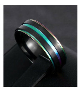 Gay Lesbian Rainbow Pride Anodized Black Stainless Steel Ring Size 7-11 - Matties Modern Jewelry