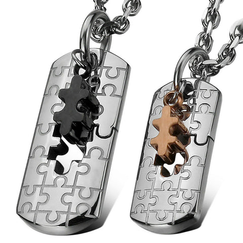 Puzzle Autism or Couple's Black Silver Gold Stainless Steel Pendant Necklace - Matties Modern Jewelry