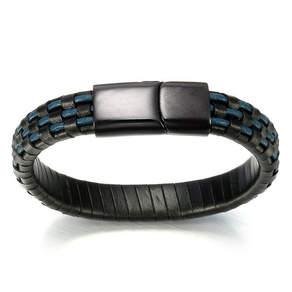 Unisex Trendy 3 Blue Line Black Leather Stainless Steel Braided Bracelet - Matties Modern Jewelry