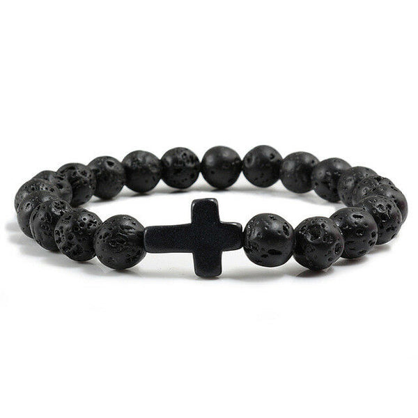 Cross Christian Charm Natural Turquiose Lava Rock Onyx 7MM Bead Stretch Bracelet - Matties Modern Jewelry
