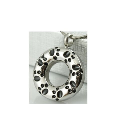 Black Paw Print Round Med Silver Stainless Steel Cremation Urn Pendant Necklace - Matties Modern Jewelry