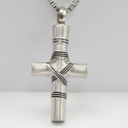 Line Wrapped Cross Cremation Urn Keepsake Stainless Steel Pendant Necklace - Matties Modern Jewelry