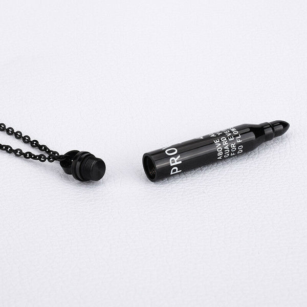 Proverbs 4:23 Black Rifle Bullet Cremation Urn Stainless Steel Pendant Necklace - Matties Modern Jewelry