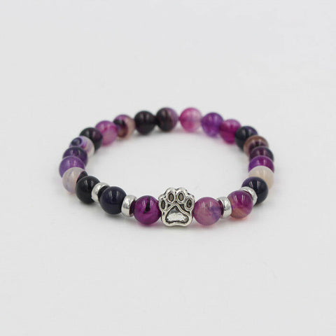 Dog Paw Print Charm Natural Stone Purple Pink 6MM Bead Stretch Bracelet Keepsake - Matties Modern Jewelry