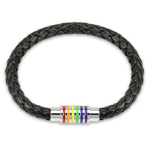Rainbow Gay Lesbian Pride Stainless Steel Black Leather Bracelet - Matties Modern Jewelry