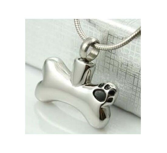 Black Paw Print Dog Bone Silver Stainless Steel Cremation Urn Pendant Necklace - Matties Modern Jewelry