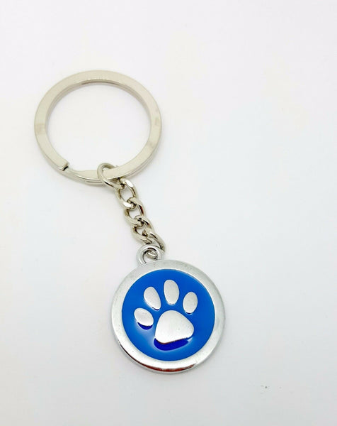 Blue Dog or Cat Paw Print Round Metal Dangle Keychain Animal Lover - Matties Modern Jewelry