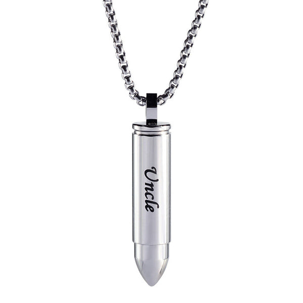 Uncle Cremation Urn Memorial Silver Bullet Stainless Steel Pendant Necklace - Matties Modern Jewelry