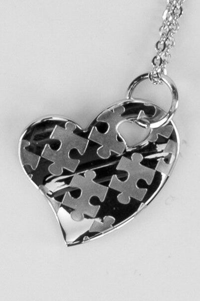 Puzzle Piece Heart Autism Awareness Curved Stainless Steel Pendant Necklace - Matties Modern Jewelry