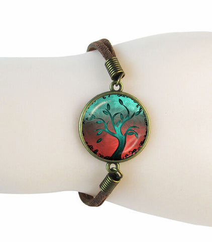 Vivid Teal Tree of Life Cabochon Charm Suede Lobster Clasp Fashion Bracelet - Matties Modern Jewelry