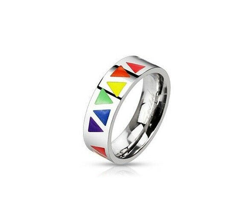 Gay Lesbian Pride Rainbow Triangle Silver Stainless Steel Ring Sizes 5-8 - Matties Modern Jewelry