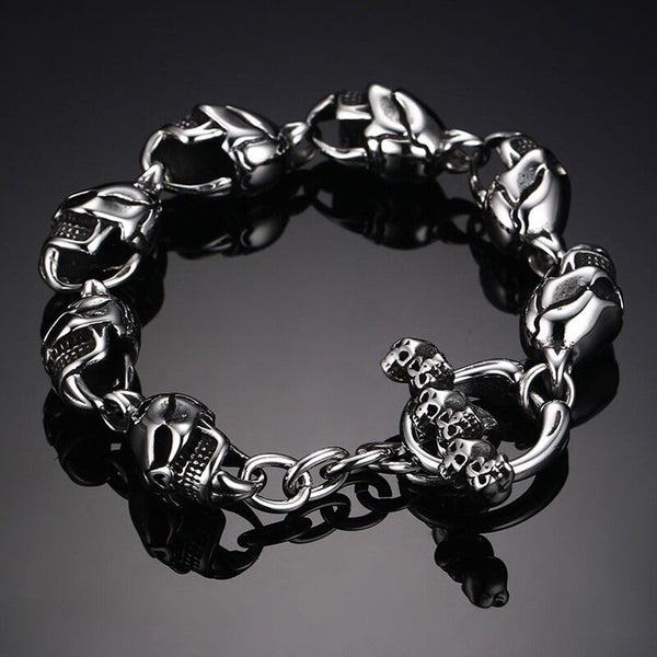 Heavy Silver and Black Stainless Steel Skull Head Gothic Biker Link Bracelet - Matties Modern Jewelry