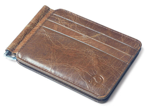 Light Brown Leather Slim Spring Money Clip Wallet Front Pocket Credit Card Case - Matties Modern Jewelry