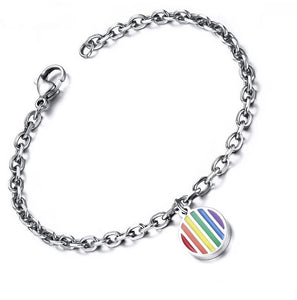 Rainbow Gay Lesbian Pride Round Dangle Stainless Steel Lobster Clasp Bracelet - Matties Modern Jewelry