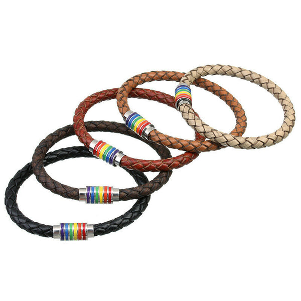 Rainbow Gay Lesbian Pride Stainless Steel and Leather Bracelet Wristband 8" - Matties Modern Jewelry