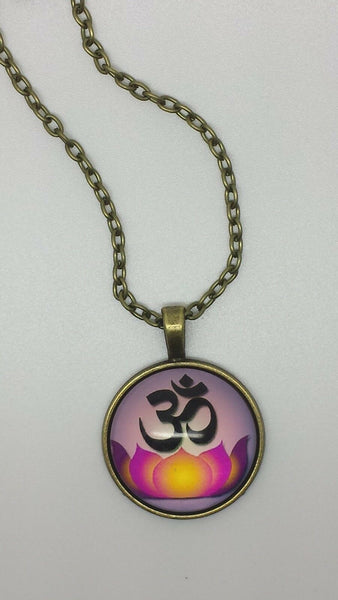 Om Ohm Yoga Hindu Round Cabochon Glass Bronze Purple Lotus Pendant Necklace - Matties Modern Jewelry