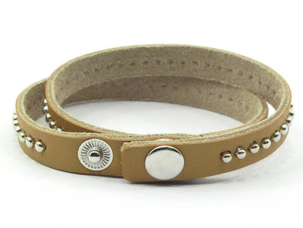 Tan Leather Studded Wrap Surfer Bracelet Wristband - Matties Modern Jewelry