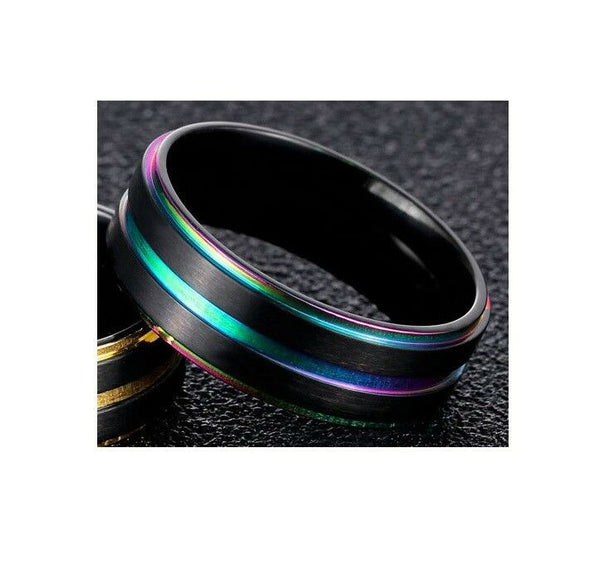 Gay Lesbian Rainbow Pride Anodized Black Stainless Steel Ring Size 7-11 - Matties Modern Jewelry