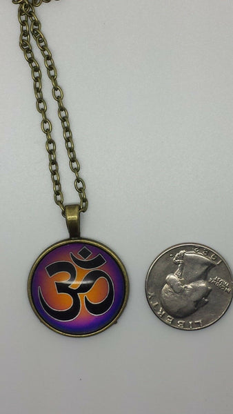 Om Ohm Yoga Hindu Round Cabochon Glass Bronze Black Purple Pendant Necklace - Matties Modern Jewelry