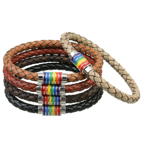 Rainbow Gay Lesbian Pride Stainless Steel and Leather Bracelet Wristband 7.5" - Matties Modern Jewelry