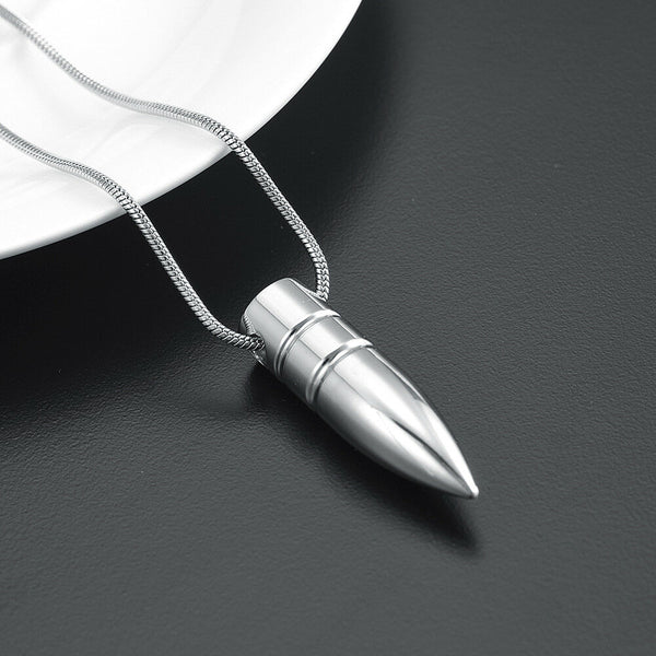 Short Plain Silver Point Bullet Cremation Urn Stainless Steel Pendant Necklace - Matties Modern Jewelry
