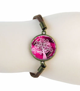 Vivid Pink Tree of Life Cabochon Charm Suede Lobster Clasp Fashion Bracelet - Matties Modern Jewelry