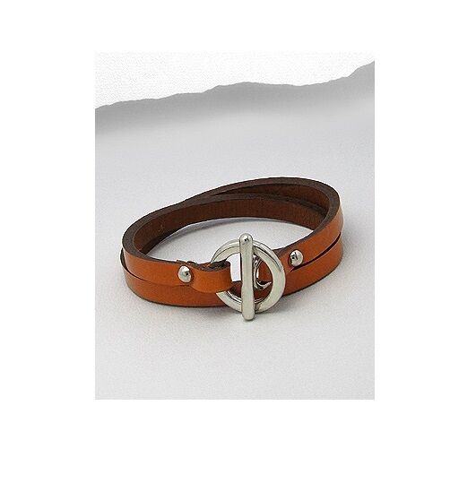Tan Leather Silver Metal Trendy Fashion Wrap Toggle Clasp Bracelet Wristband - Matties Modern Jewelry