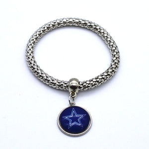 Dallas Cowboys Round Team Logo Charm Dangle Fashion Silver Tone Stretch Bracelet - Matties Modern Jewelry